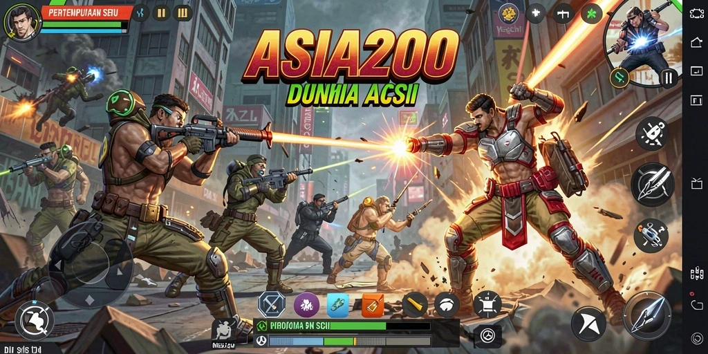 Tangkapan layar ASIA200 menampilkan karakter sedang bertempur di arena aksi yang penuh warna.