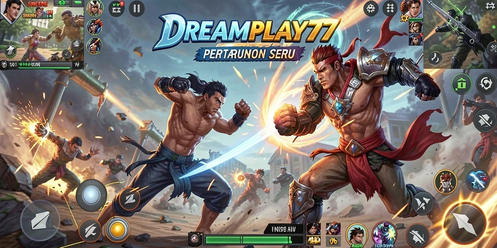 Tampilan gameplay intens di <strong>DREAMPLAY77</strong> dengan karakter yang beraksi.