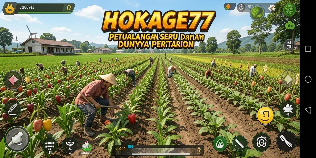 Screenshot gameplay HOKAGE77 menampilkan ladang subur dengan banyak tanaman.