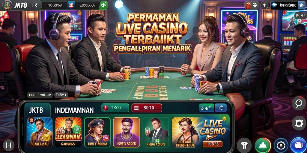 Screenshot gameplay JKT8 menampilkan dealer profesional dan suasana kasino hidup.