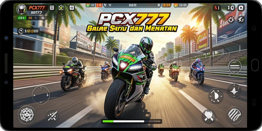 Screenshot gameplay PCX777 menampilkan aksi balap motor yang mendebarkan.