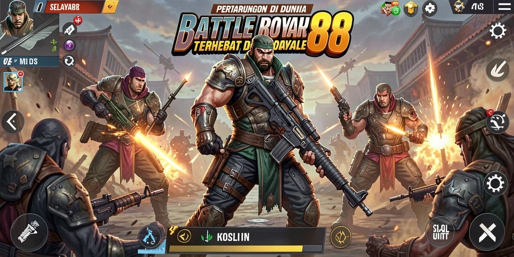 Tampilan aksi intens dari game SELAYAR88 di medan perang Battle Royale.